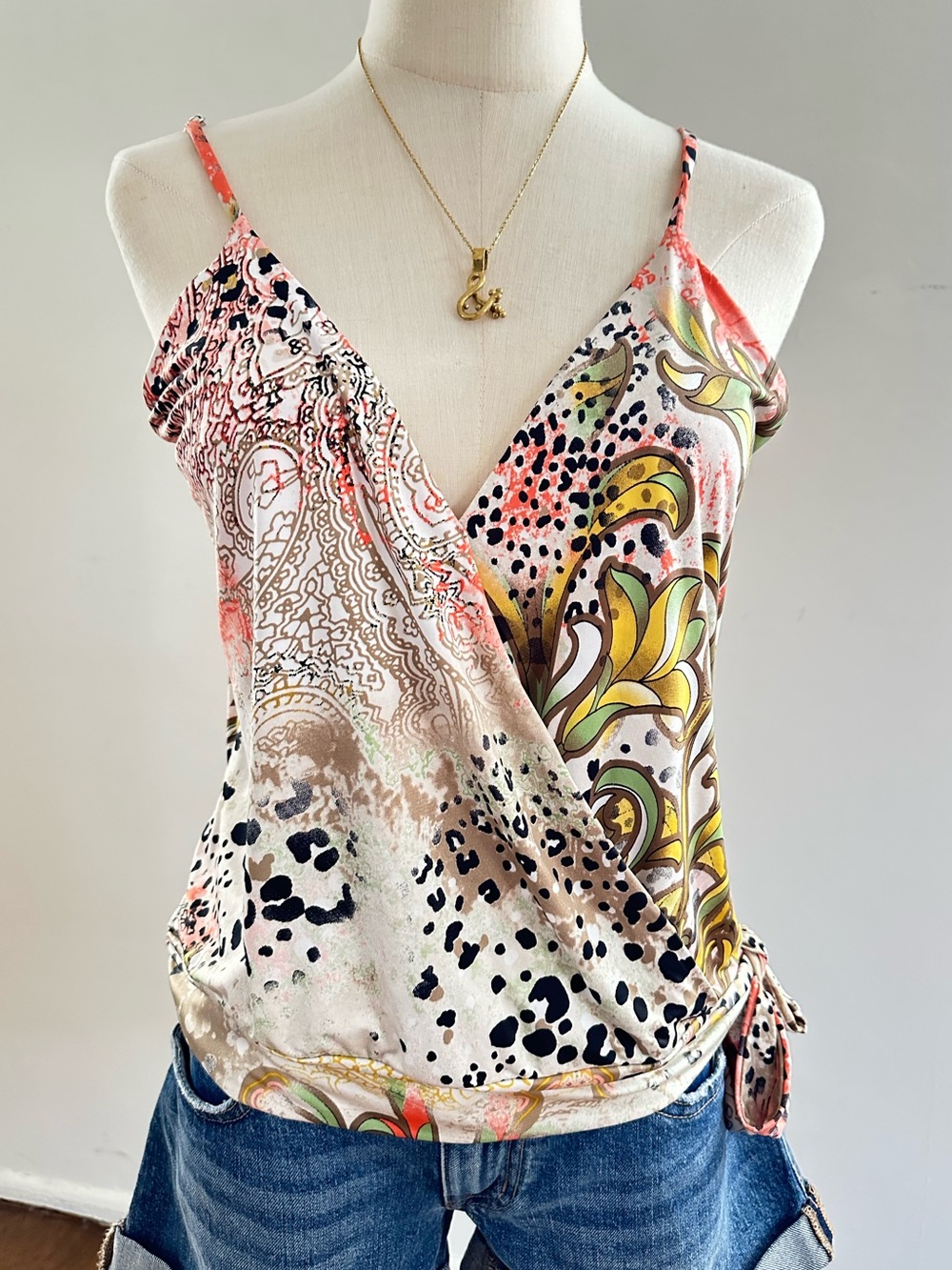 Ariella Retro Paisley Wrap Cami Boho Y2K Tie Waist Tank Top S